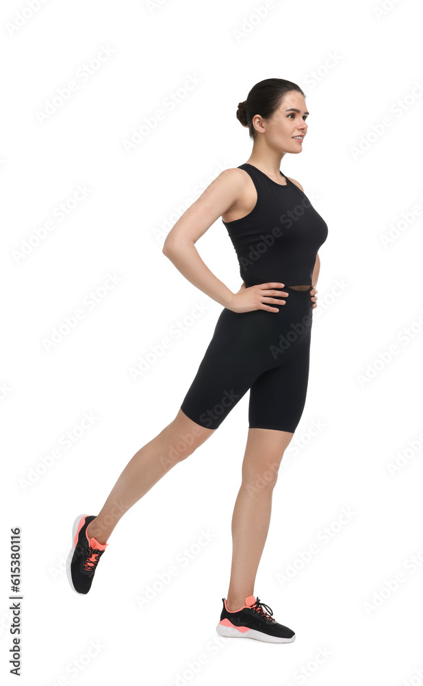 Fototapeta premium Woman doing morning exercise on white background