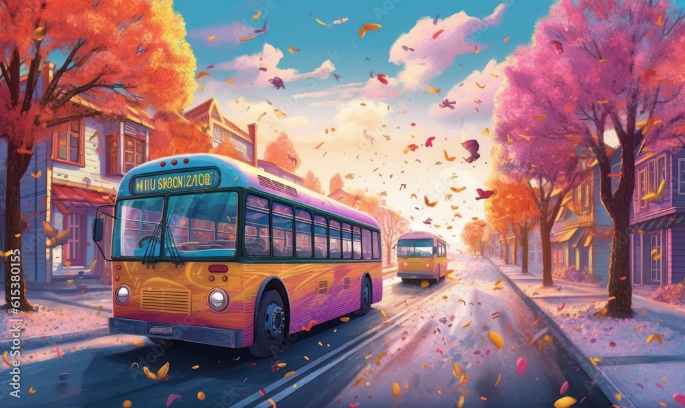 Obraz premium School Bus Colorful Illustration Background. Back to School Concept. Generative Ai