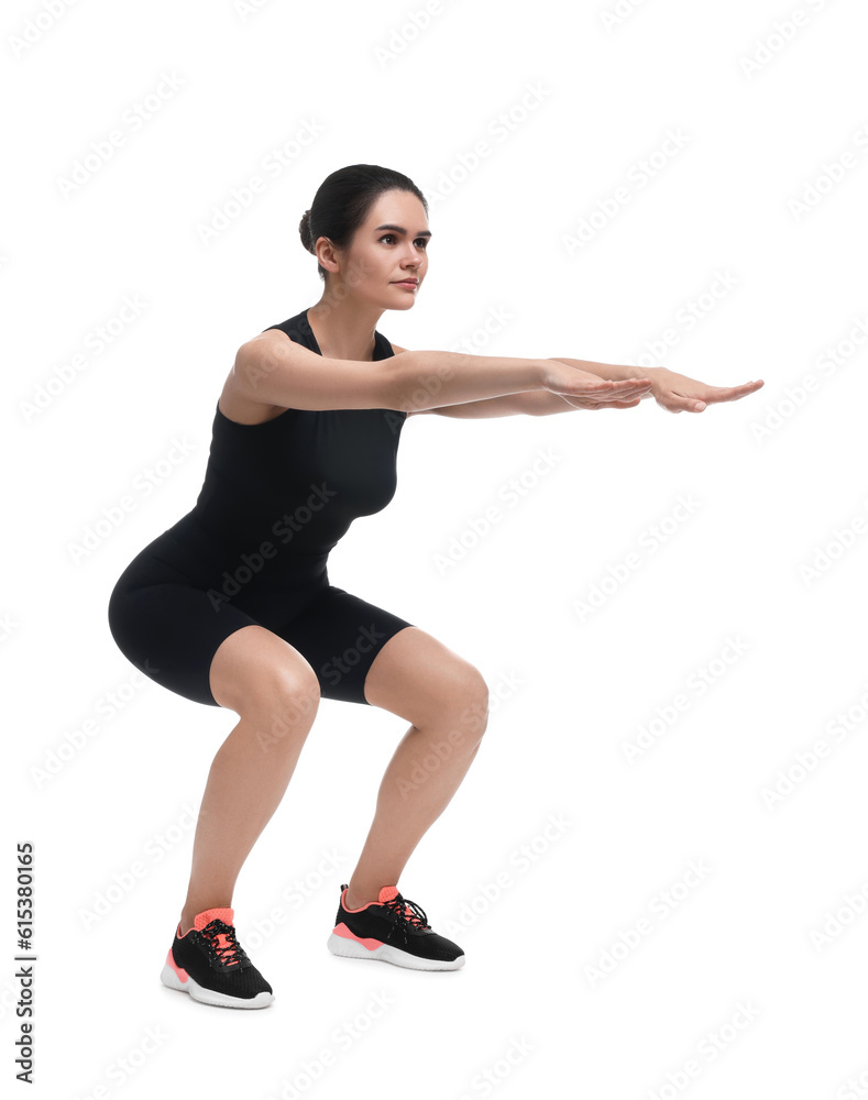 Woman doing squats on white background. Morning exercise