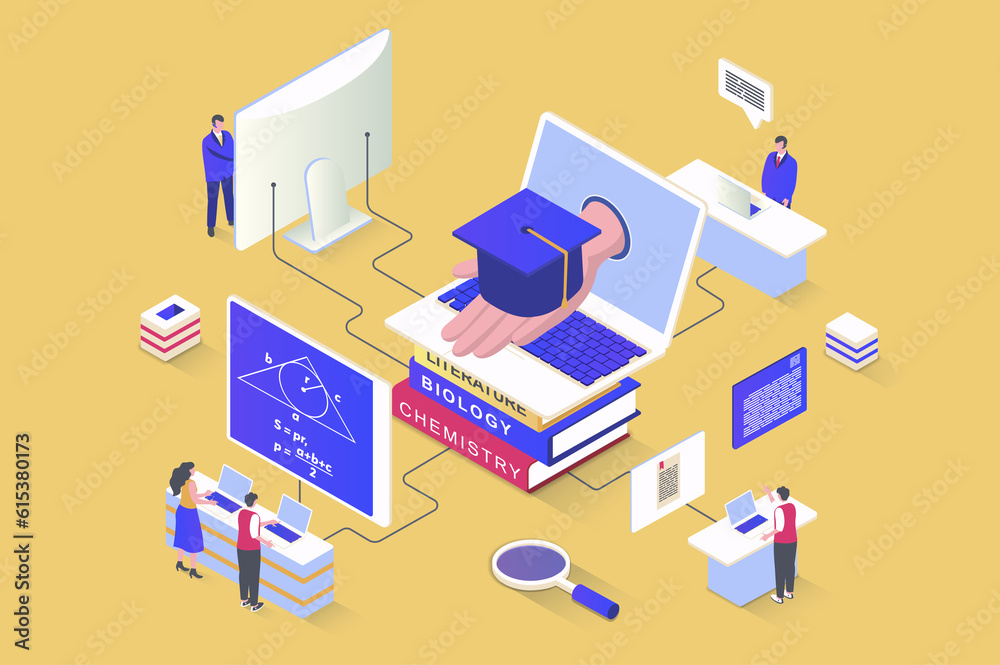 Online education concept in 3d isometric design. Students study, gain knowledge and skills, watch video lectures, graduate university. Illustration with isometry people scene for web graphic