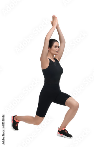 Woman doing morning exercise on white background