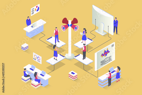 Referral marketing concept in 3d isometric design. Loyalty program to attract new customers using communication and advertisement tools. Illustration with isometry people scene for web graphic © alexdndz