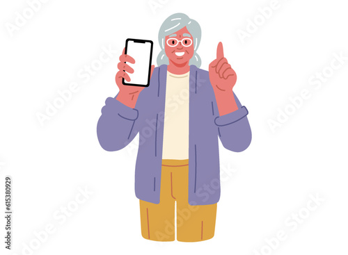 Senior woman holding mobile phone and smile.Vector Illustration
