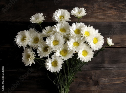 A bunch of white daisy flowers on rustic chalkboard table surface  with blur copy space background. Created with Generative AI technology.