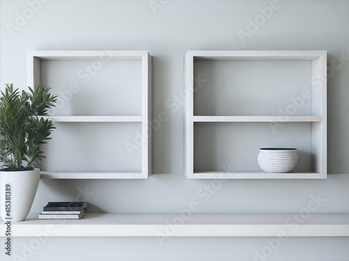 Elegant interior still life. Two floating shelves. Blank wooden picture frame mockup template. Textured vase with olive tree branches and old books. AI Generator image. White wall background.  (ID: 615381389)