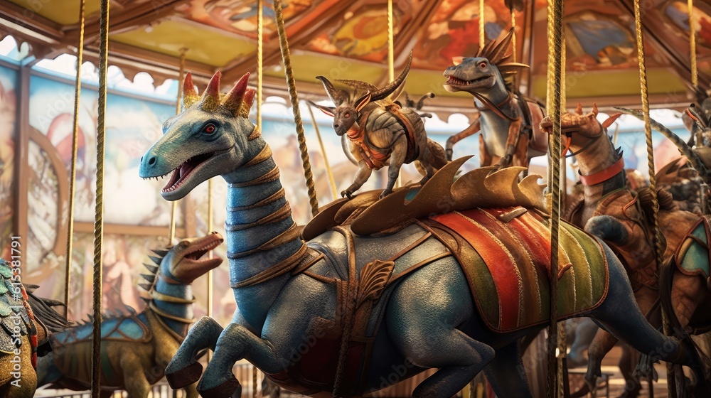 Photo of a colorful carousel with painted dinosaurs and happy riders