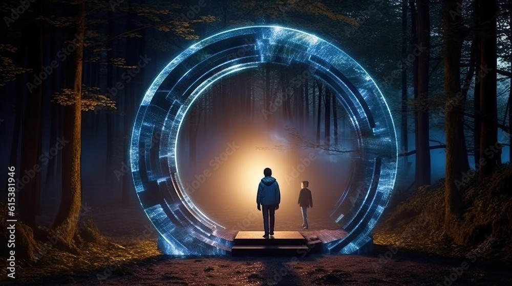 Photo of a couple standing in front of an illuminated tunnel


