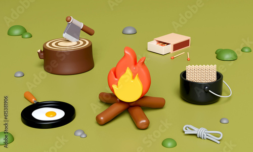 Fototapeta Naklejka Na Ścianę i Meble -  3d Cooking Campsite in nature and elements for camping, camp fire, trip, hiking. Concept. 3d rendering illustration.