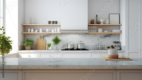 Interior of modern kitchen with white marble countertop and wooden