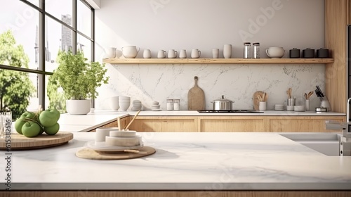 Interior of modern kitchen with white marble countertop and wooden © ttonaorh