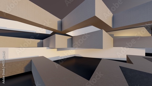 Abstract architecture background design of geometric concrete walls 3d render