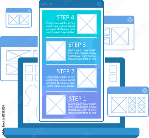 Landing page creation infographic chart design template. Advertising web page. Abstract vector infochart with blank copy spaces. Instructional graphics with 4 step sequence. Visual data presentation