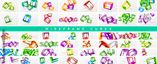 Mega collection of 3d wireframe cube compositions. Backdrop bundle for wallpaper, banner, background, landing page, wall art, invitation, prints, posters