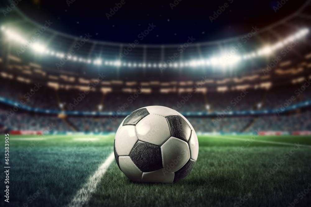 Fototapeta premium Soccer Ball On Green Field of football stadium for background Generative AI