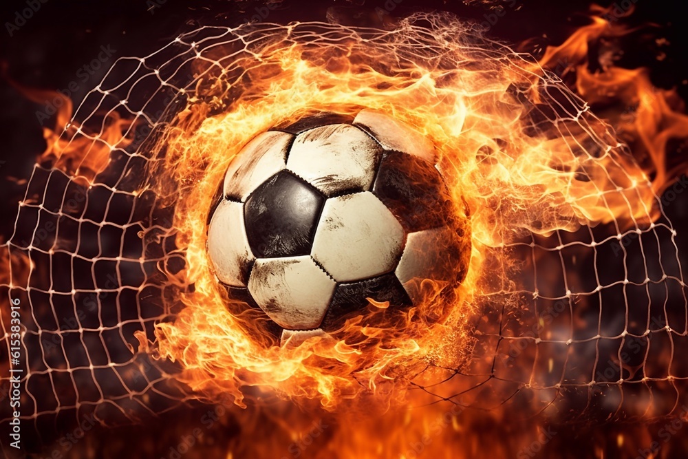 Naklejka premium Fiery Soccer Ball In Goal With Net In Flames