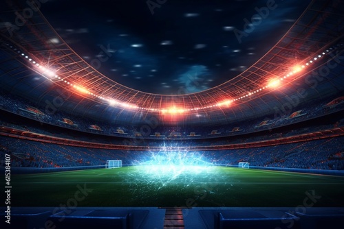 green field in soccer stadium. ready for game in the midfield Generative AI © Nataliia