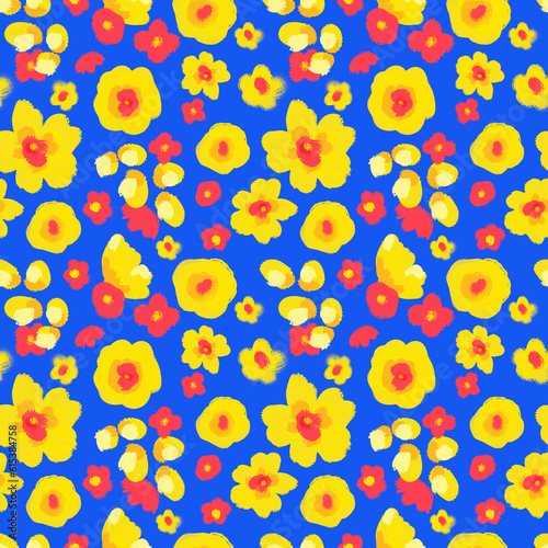 Bright floral abstract spots seamless pattern. Yellow flowers repeat print. Yellow, pink, blue botanical ditsy design for textile, fabric, wallpaper and decoration.