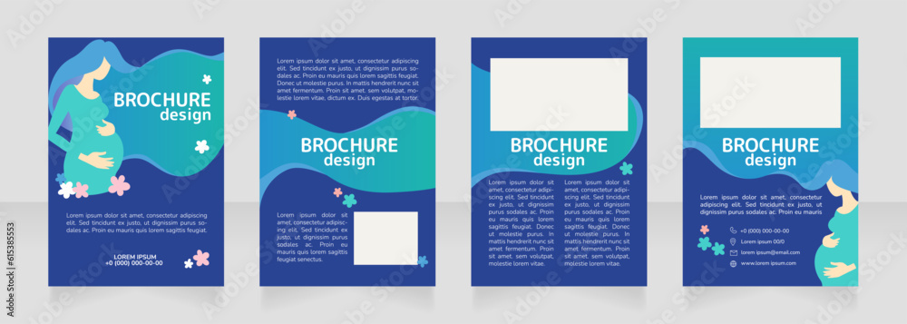 Expectant woman health blank brochure design. Template set with copy space for text. Premade corporate reports collection. Editable 4 paper pages. Rounded Mplus 1c Bold, Nunito Light fonts used