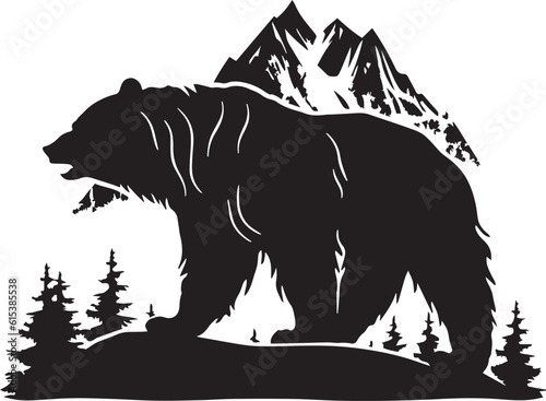 Bear in the mountains, wild natural mountain landscape, vector illustration, SVG