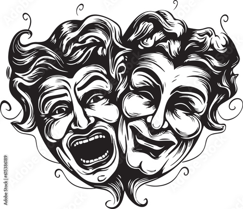 Two classic theater masks a sad and joyous, comedy and tragedy, Vector Illustration, SVG