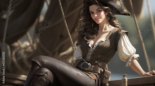  Young Brunette Girl in Pirate Costume on Schooner Deck. Created using generative AI tools