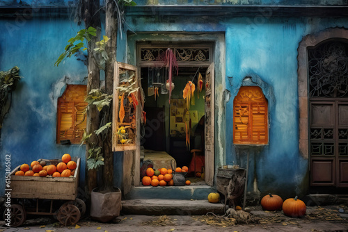 Eerie Blue House with Yellow Pumpkins. Created using generative AI tools