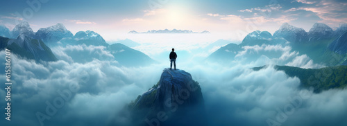 man standing on top of a mountain among mountains