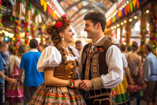 Oktoberfest Moments  Couple in Traditional Attire with Dirndl Enjoying the Festive Ambience  Generative AI