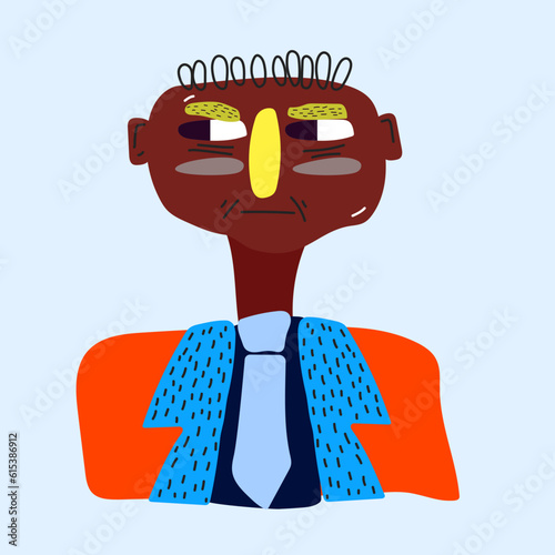 Funny vector illustration of a stylized man with a tie and a jacket, with a purple face and a red nose on a plain background. Vector illustration of a drinking office worker
