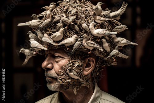 Gray haired man wearing an extravagant headpiece in the form of nest with birds. Modern fashion concept. Unique accessory. Generative AI