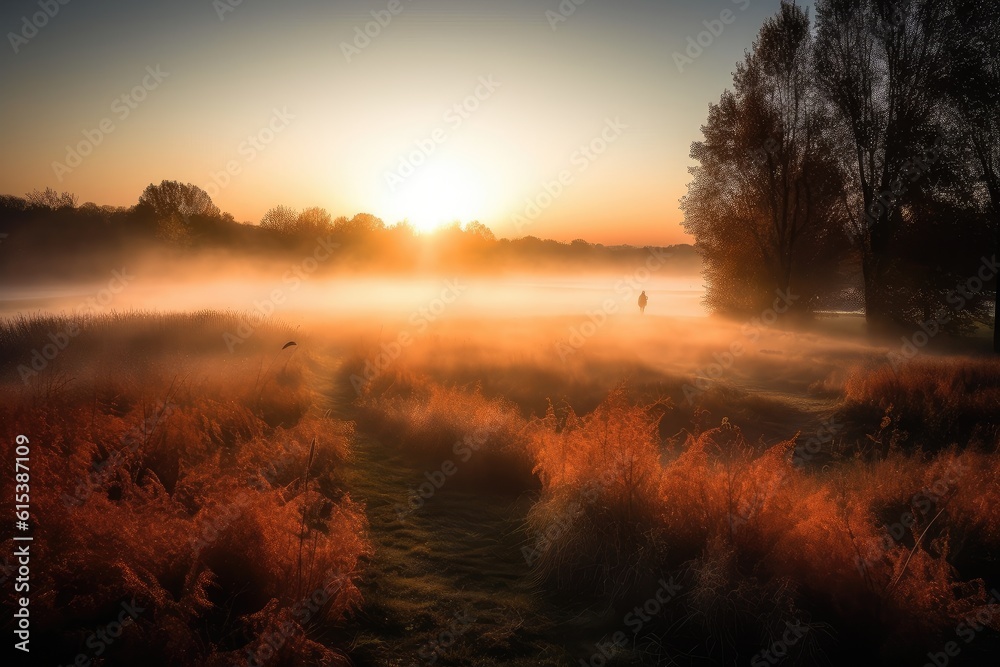 Fototapeta premium Morning yellow sun shines in the park outdoors