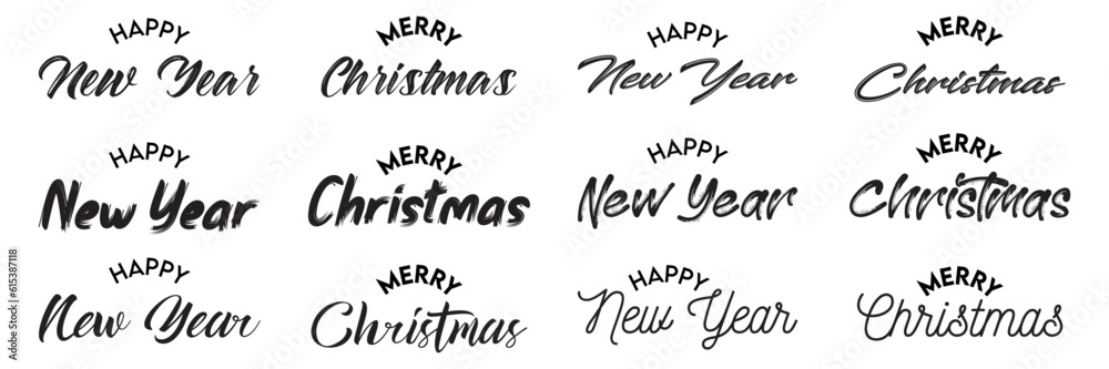 Merry Christmas and Happy New Year lettering text typography font design set isolated on white background.