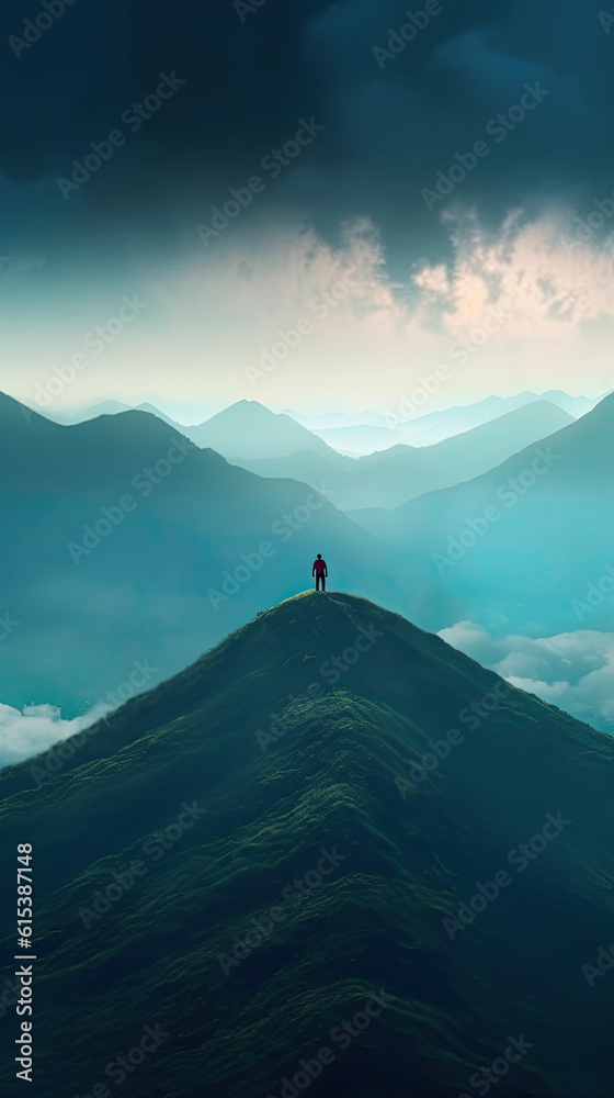a lone person standing on a mountain in the distance  created with Generative AI Technology