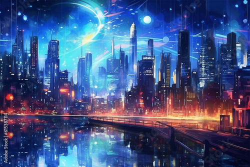 Generative AI. the backdrop of an advanced city at night anime style