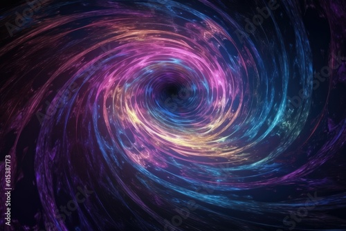 Swirling cosmic vortex of vibrant blues, purples and pinks on a dark background