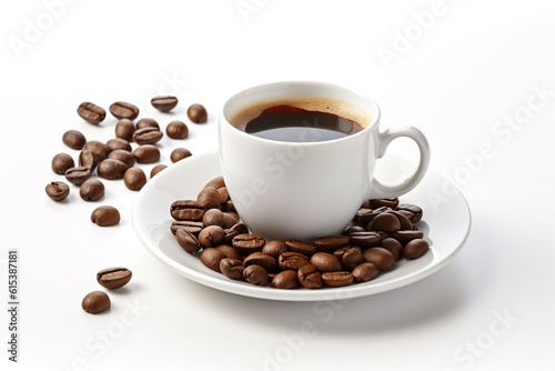 coffee cup and beans on white background, Generative AI