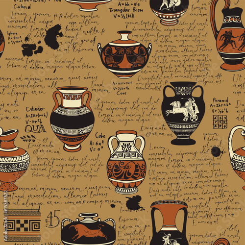 Vector vintage seamless pattern or wallpaper on the theme of ancient Greece. Manuscript with sketches antique amphoras and jugs with ornaments, handwritten texts Lorem Ipsum, blots and spots.