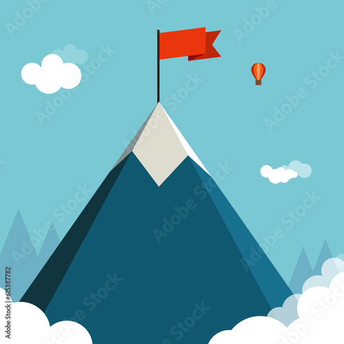 Landscape with a flag on the mountain.  Illustration of the concept of success. Overcoming difficulties.