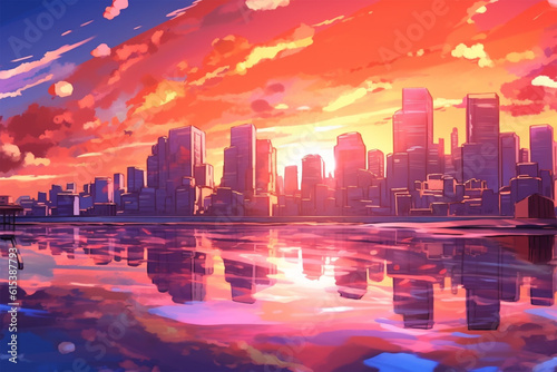 Generative AI. the background of a city with a beautiful lake anime style