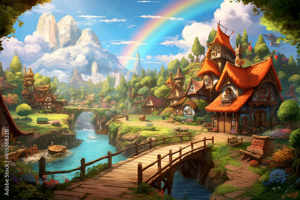 Generative AI.
a fairy village background with a rainbow