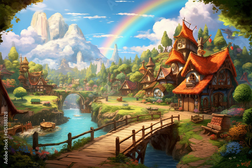 Generative AI. a fairy village background with a rainbow