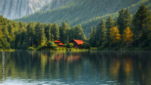 Scenic nature landscape reflection with green trees foliage and mountain hills view