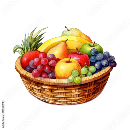Basket with fresh fruits. Watercolor hand drawn illustration iso