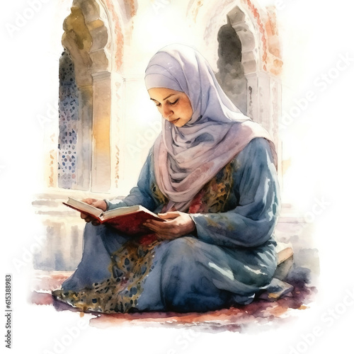 Muslim girl reading book, watercolor, PNG background
