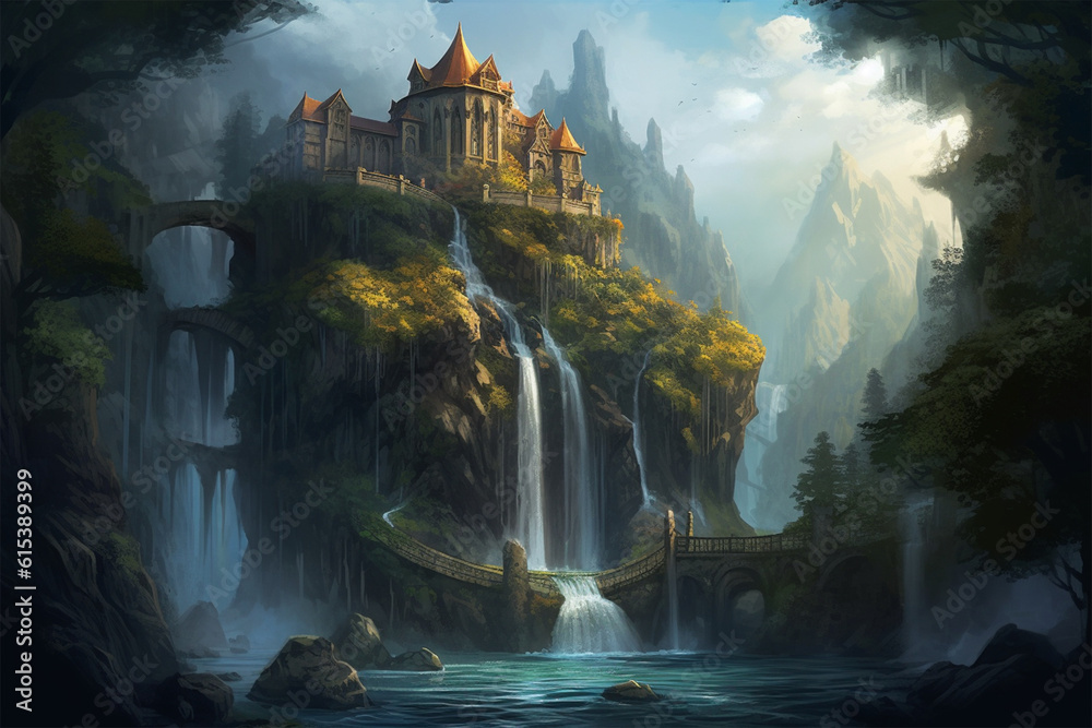Generative AI. the background of a palace with an anime style waterfall ...
