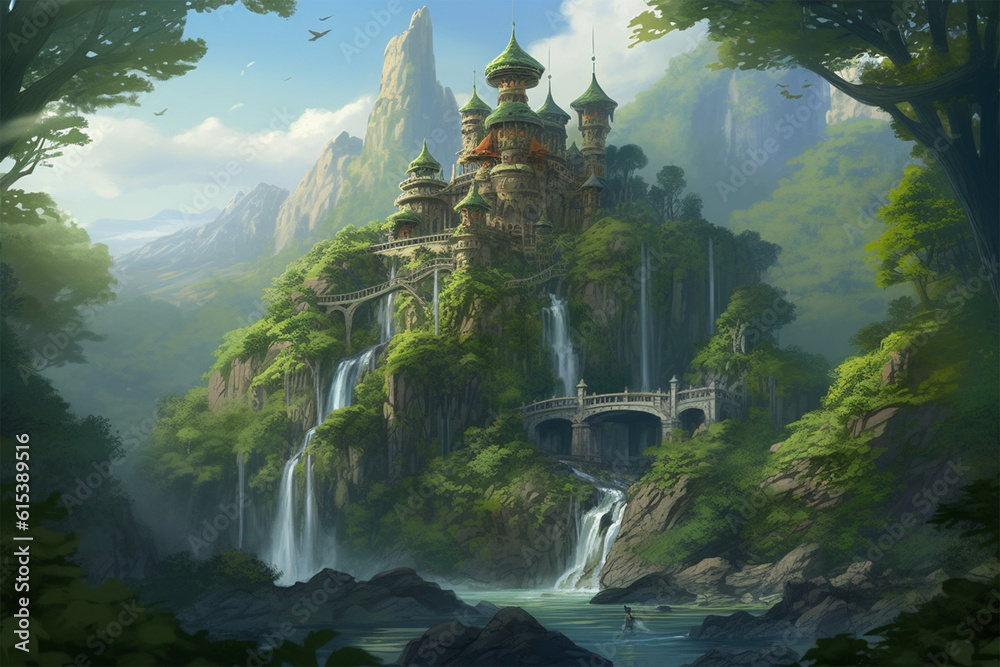 Generative AI. the background of a palace with an anime style waterfall ...
