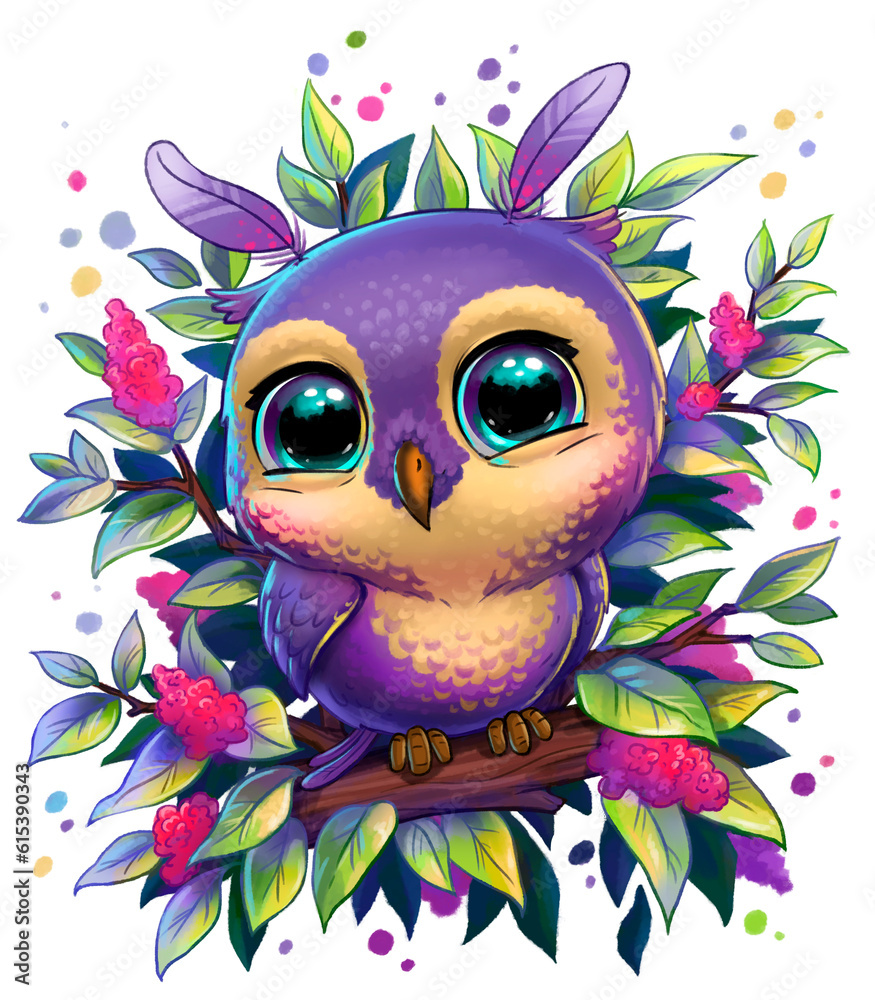 Lilac owl sits on a branch with leaves, on a white background