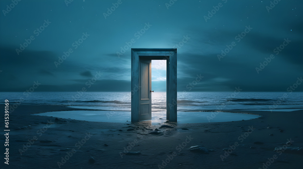 a door to heaven near the beach at night scene created with Generative AI