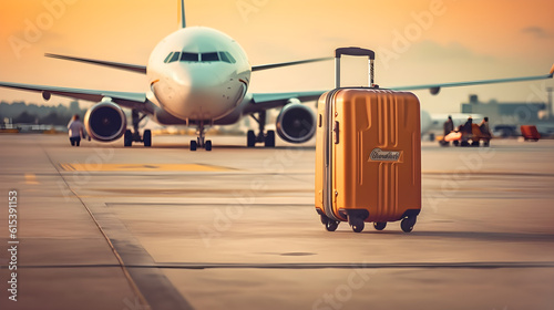 travel suitcase in airport with blur passenger airplane background created with Generative AI