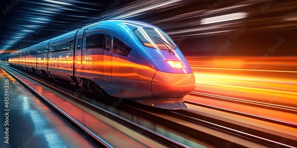 AI Generated. AI Generative. High speed train move motion on railway locomotive passenger. Adventure business vibe. Graphic Art AI Generated. AI Generative. High speed train move motion on railway locomotive passenger. Adventure business vibe. Graphic Art